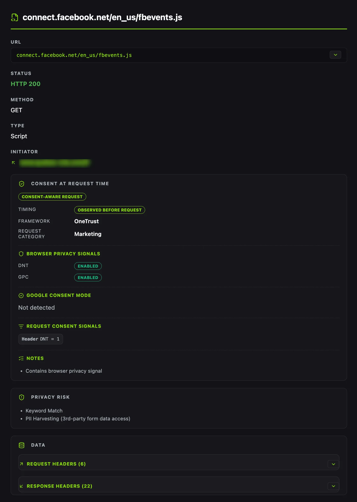MANTIS request detail sidebar showing Facebook fbevents.js with consent-aware status, browser privacy signals, and privacy risk indicators