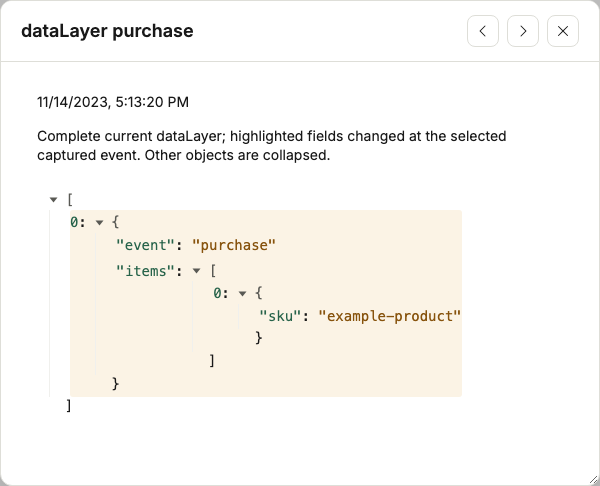 MANTIS dataLayer purchase inspector showing a changed example product field
