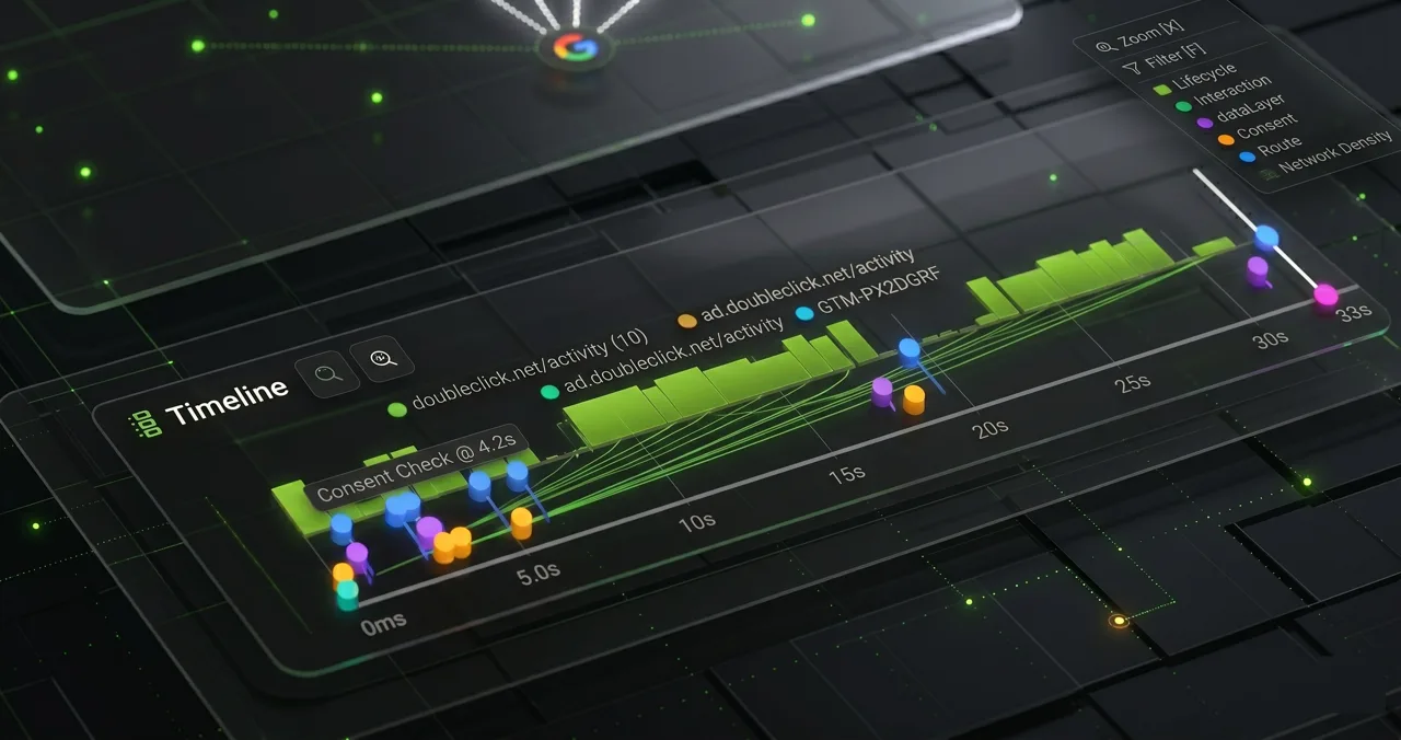 Timeline visualization showing network density and consent-related events across a 33-second page session